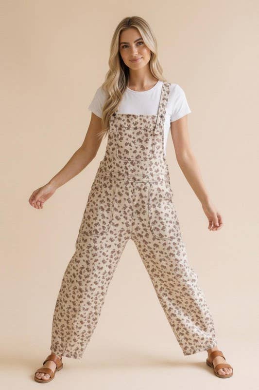 Barrel Bib Overalls Suspender Floral Jumpsuit: Oatmeal