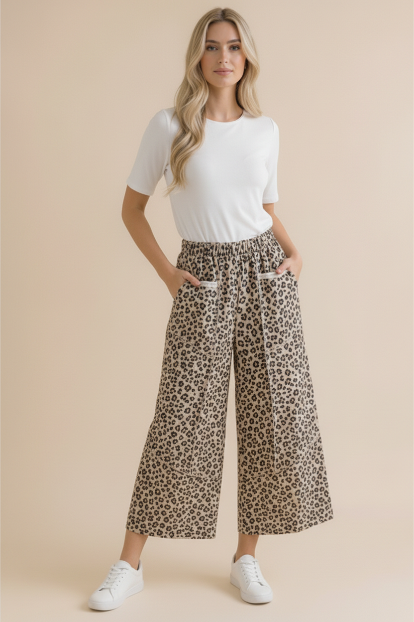 Leopard French Terry Wide Leg Pocket Pants: GREY