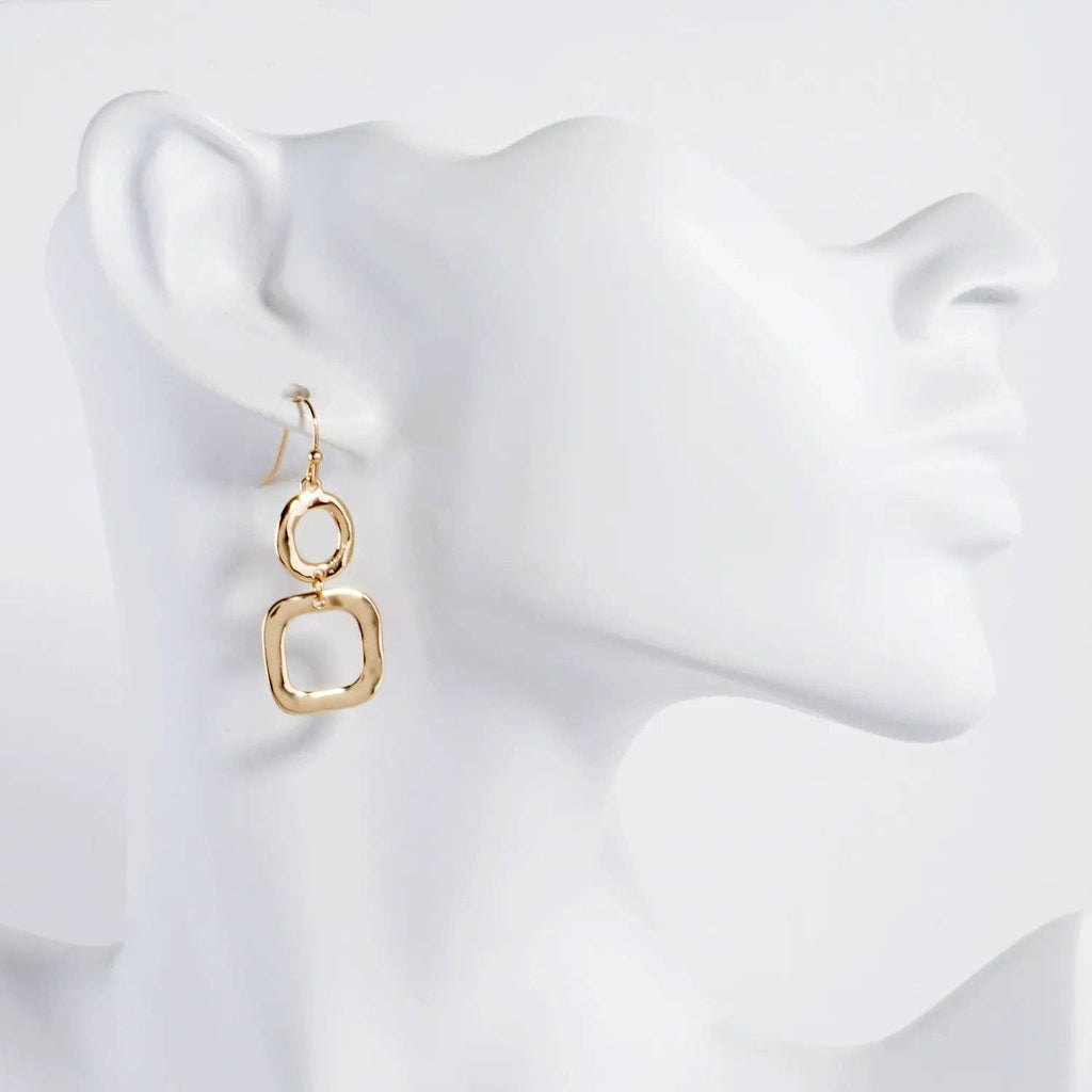 Geometric Hammered Dual Tier Drop Earrings: Gold