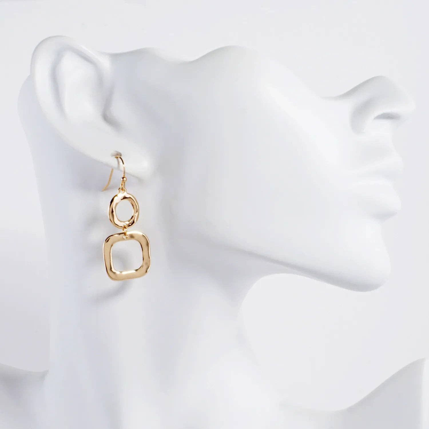 Geometric Hammered Dual Tier Drop Earrings: Gold