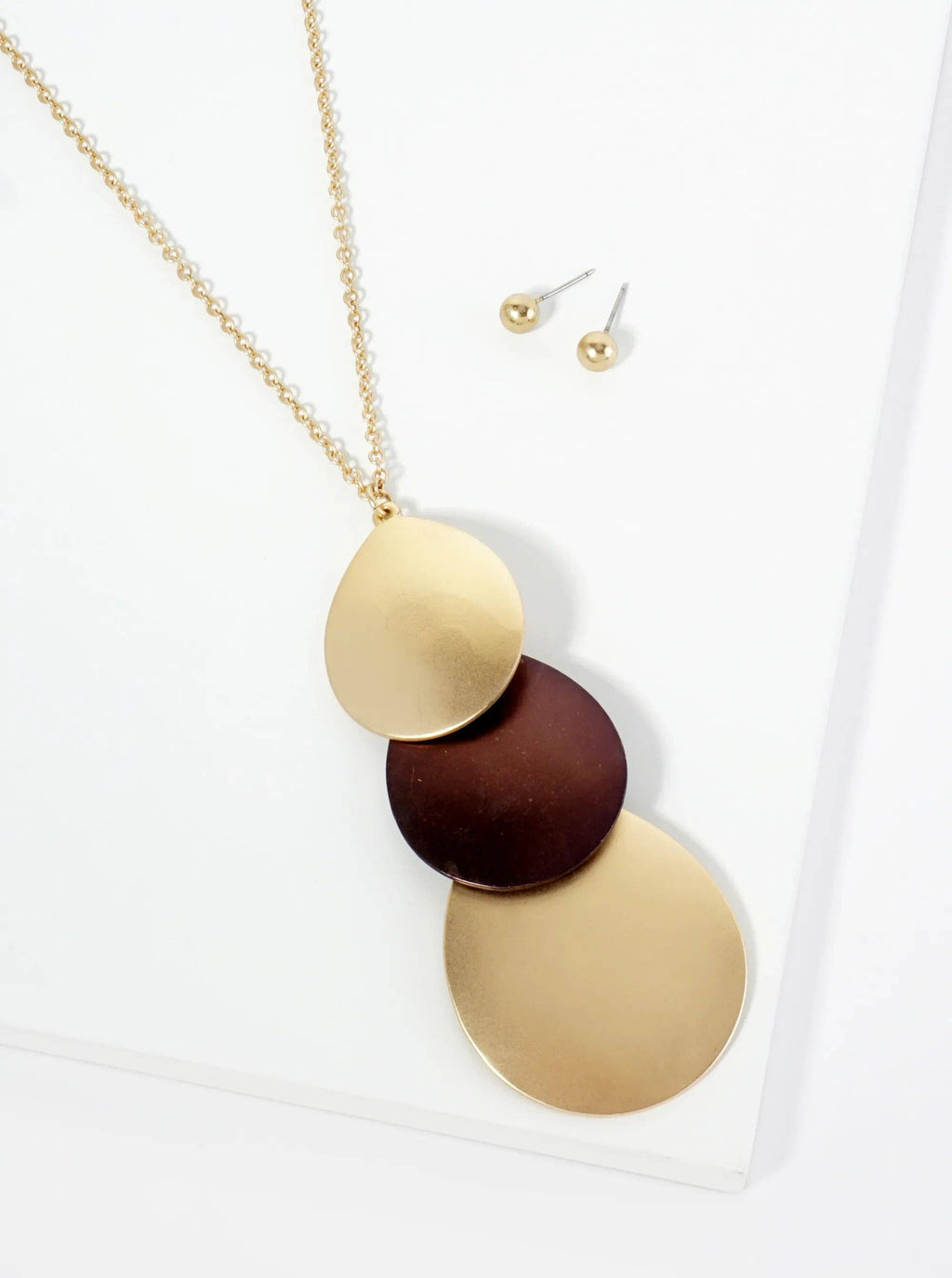 Three Overlapping Teardrop Pendant 32 Inch Long Necklace: Matte Gold
