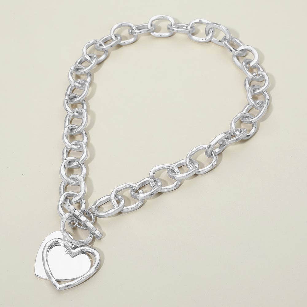 Hammered Layered Heart Pendant Chunky Chain Toggle Necklace: Rhodium,Worn Silver