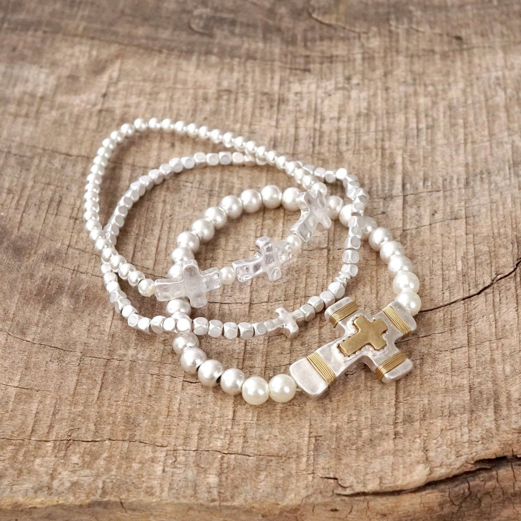 Cross Beaded bracelets set in Worn Silver tone boho style