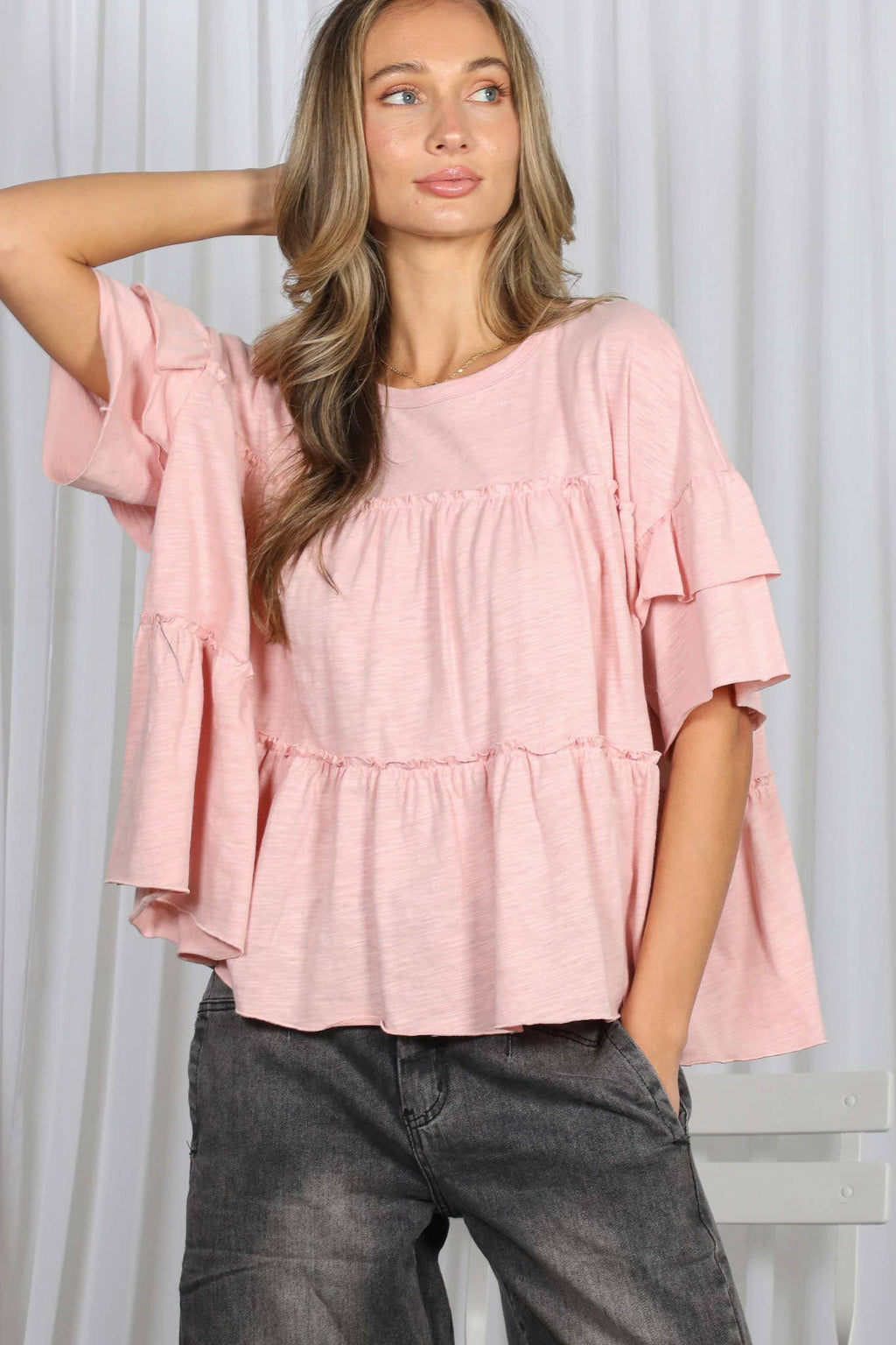 Ruffle Tired Crew Neck 100%Cotton Top: Blush