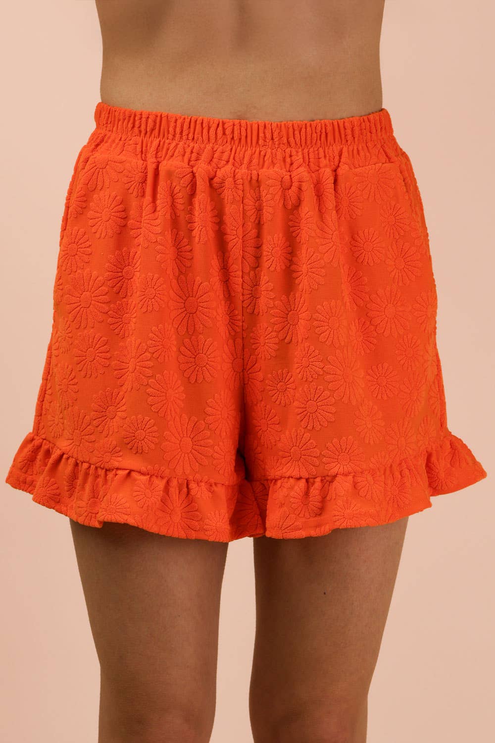 NEW IN — Floral Textured Ruffled Knit Top & Shorts Set: Orange