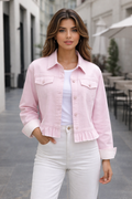 Boyfriend Peplum Hem Denim Jacket w/ DTM Buttons: Festival Bloom