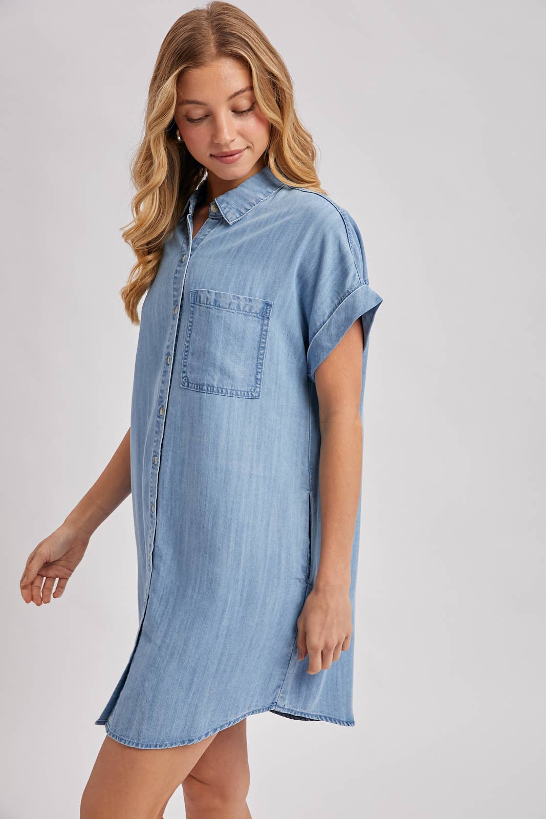 DENIM BUTTON DOWN SHIRT DRESS: LT.WASH