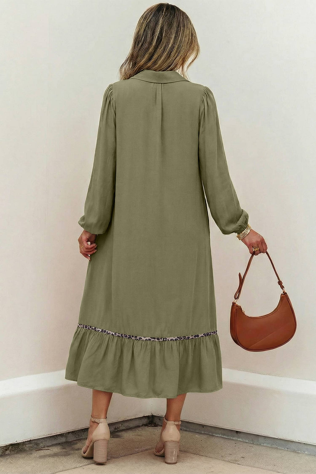 OMG! Leopard Trim Smocked V-Neck Midi Dress