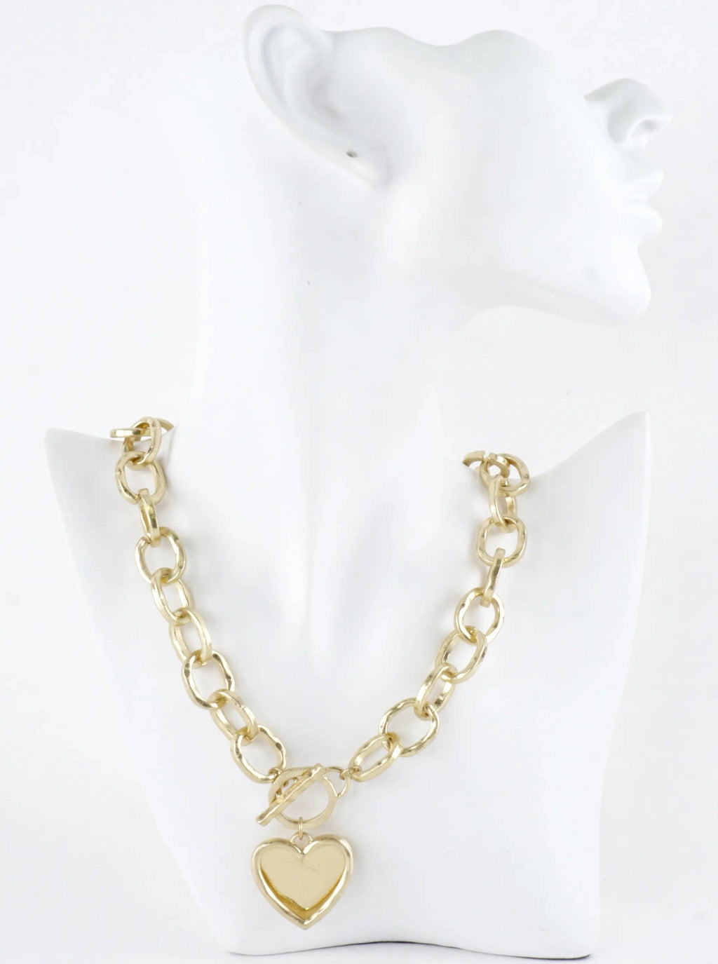 Chunky Hammered Chain Two Hearts Toggle Necklace: Worn Gold Gold