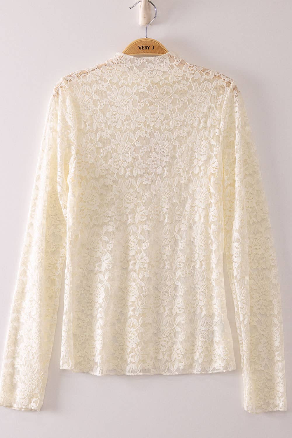 NEW IN — High Neck Fitted Sheer Mesh Lace Knit Top: IVORY SOLID