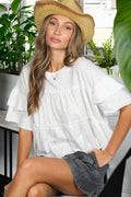 Ruffle Tired Crew Neck 100%Cotton Top: Off White