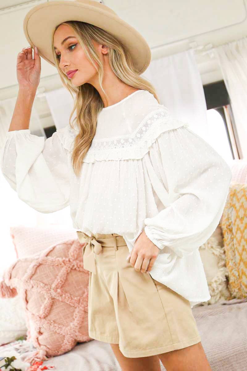 Lace-Up Back Detail Swiss Dot Patterned Blouse: Natural