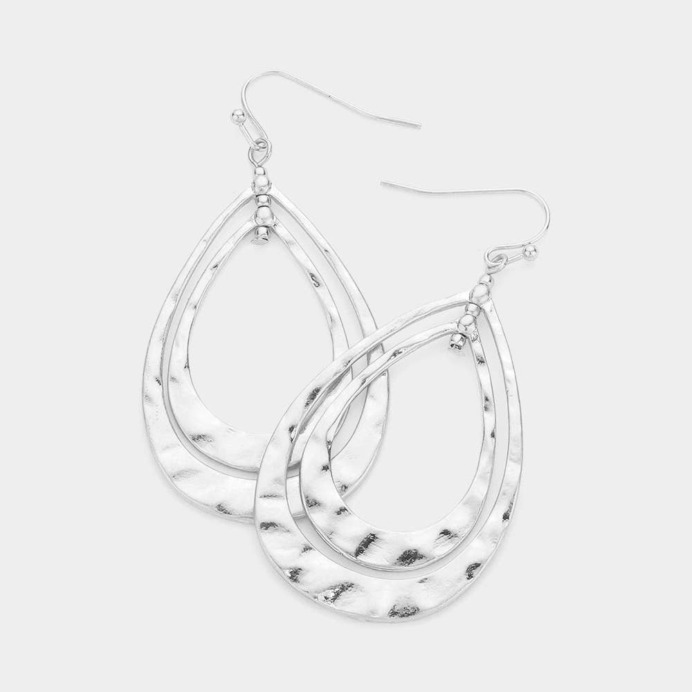 Hammered Metal Double Layered Teardrop Dangle Earrings: Worn Silver
