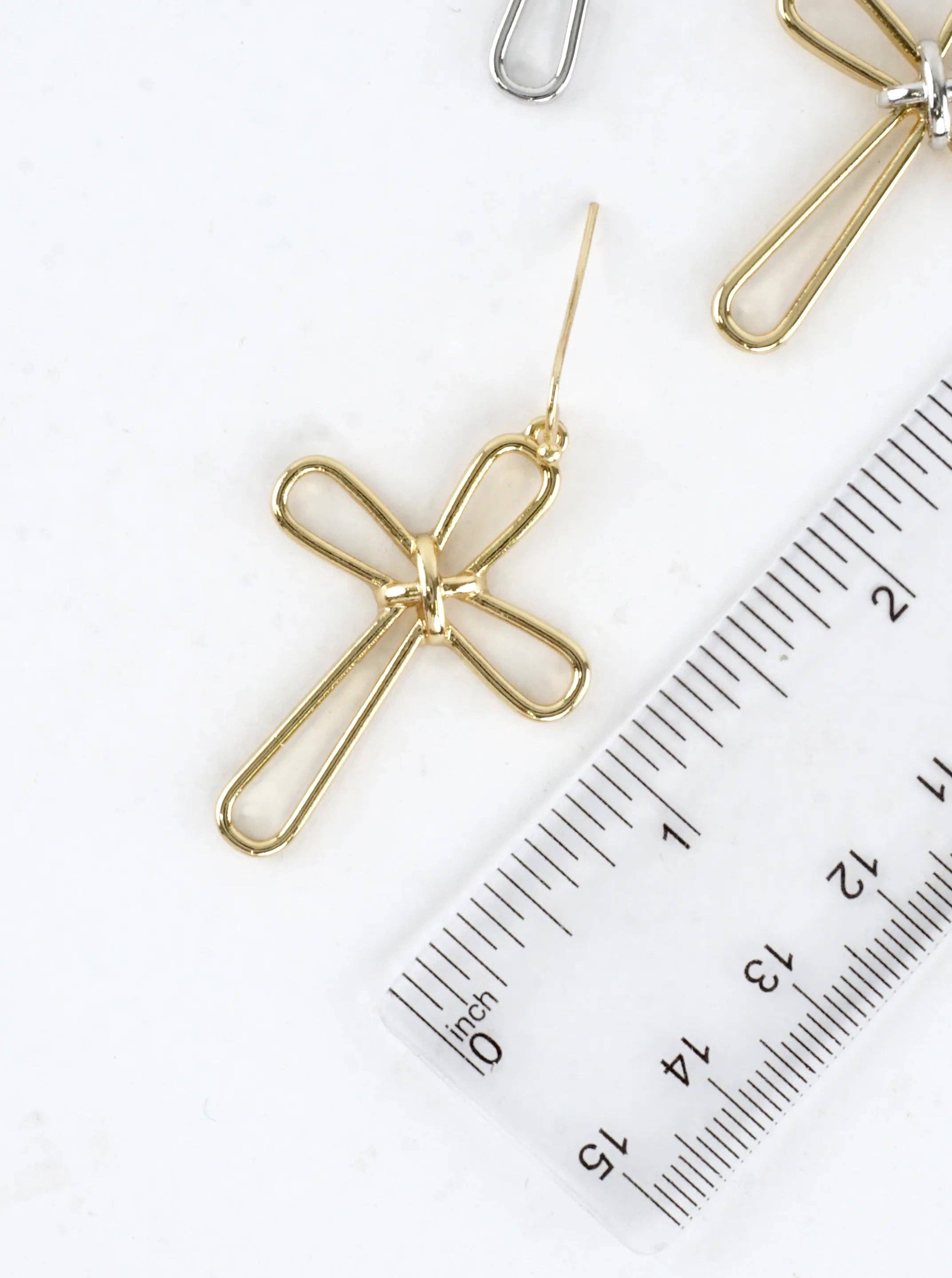Modern Open Cross Wire Drop Earrings: Gold Rhodium