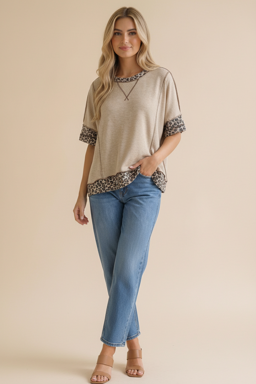 Leopard Thermal Color Block Reverse Seam Top