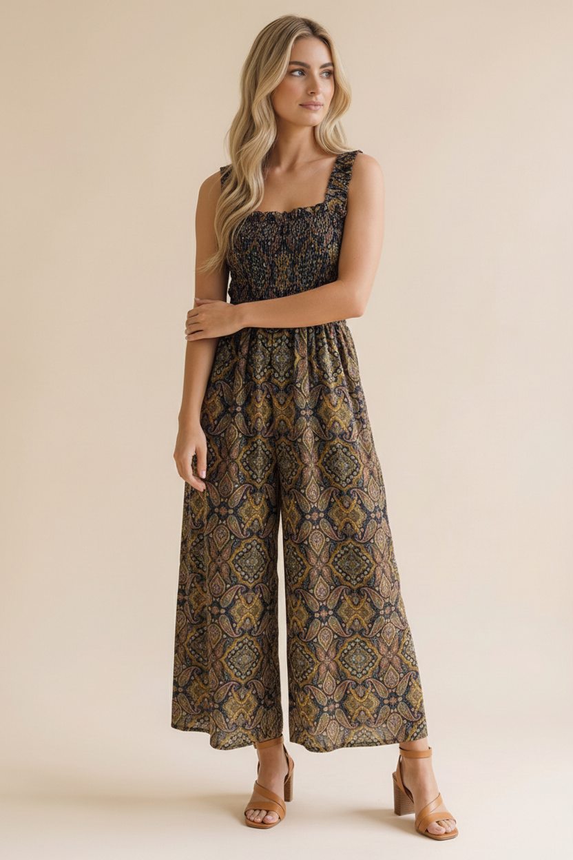 Frilled Paisley Smocking Wide Leg Jumpsuit