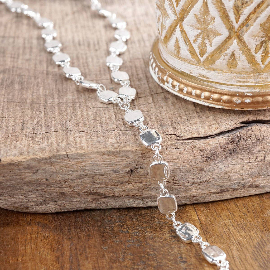 Desert Cascade – Textured Square Long Lariat Necklace: Silver Tone