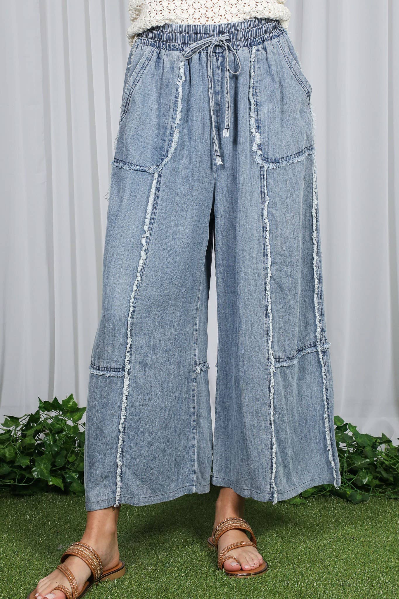 Self Fray 100%Tencel Chambray Washed Palazzo Pants: Washed Denim