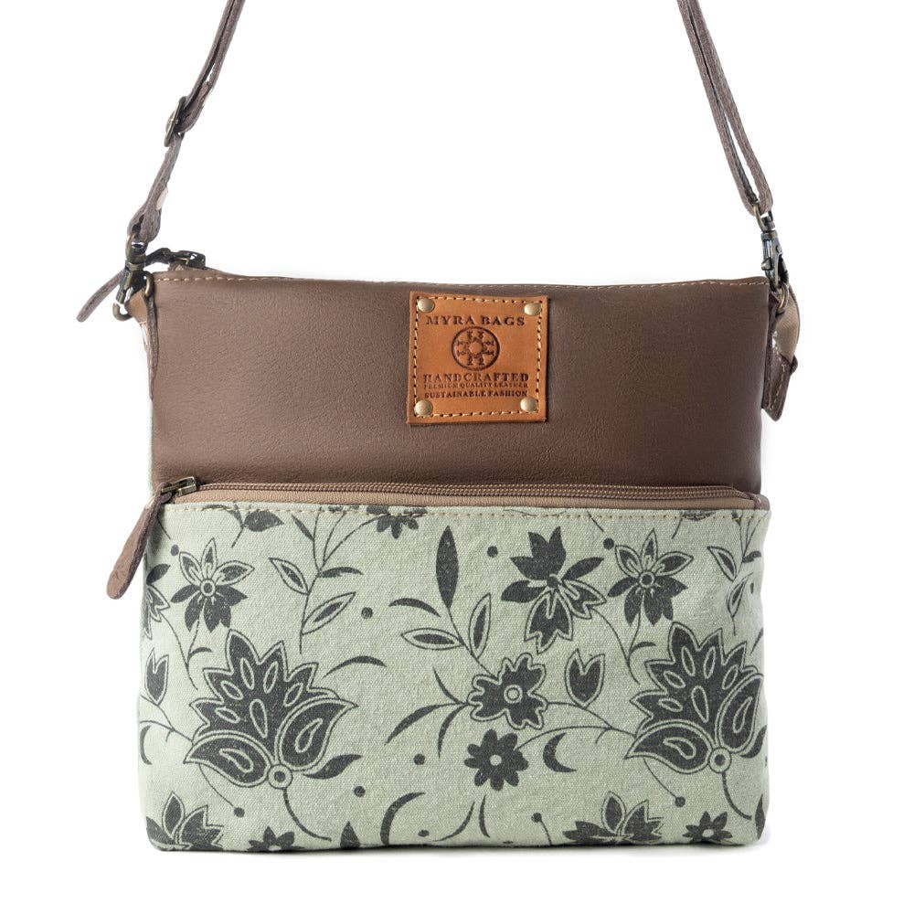 Wildprint Trail upcycled canvas crossbody Bag for Women in sage with floral detail: Sage