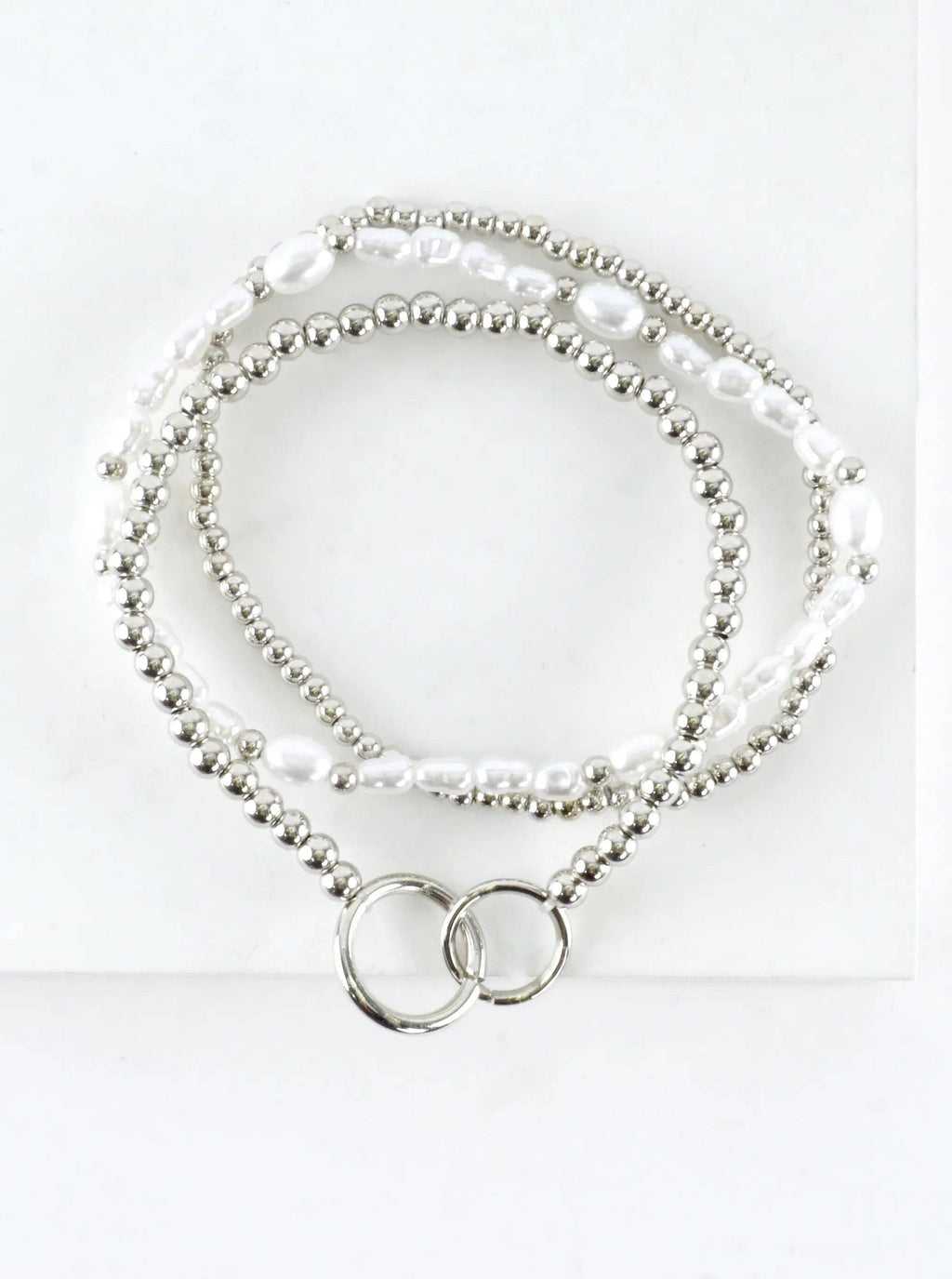 3 PC Set Double Ring Pearl Stretch Bracelets: Rhodium White