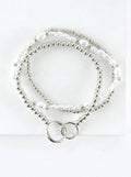 3 PC Set Double Ring Pearl Stretch Bracelets: Rhodium White