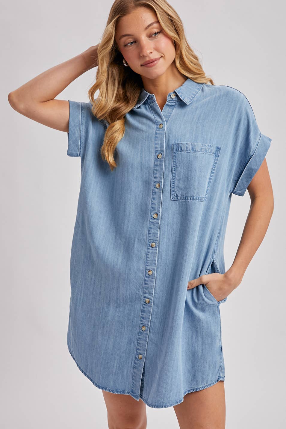 DENIM BUTTON DOWN SHIRT DRESS: LT.WASH