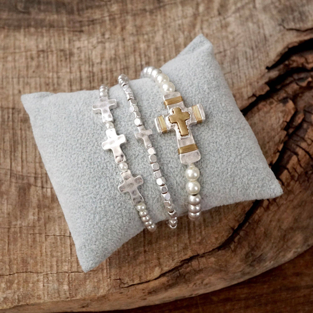 Cross Beaded bracelets set in Worn Silver tone boho style