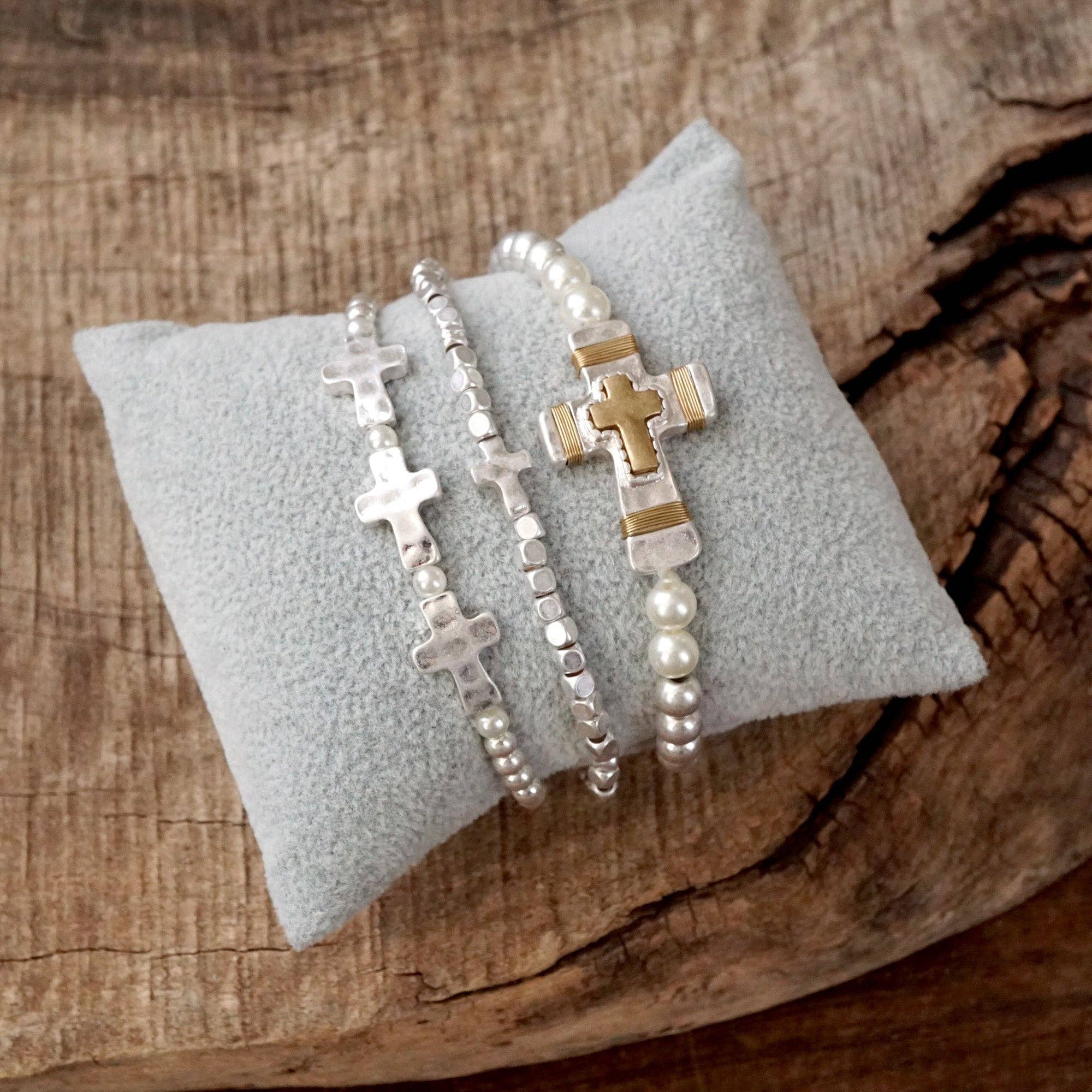 Cross Beaded bracelets set in Worn Silver tone boho style