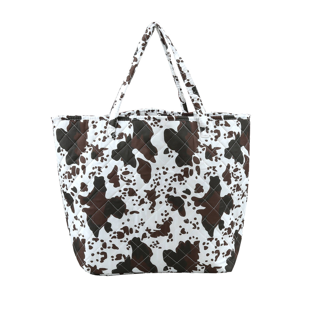 Black Brown Cow Print Quilted Tote Bag