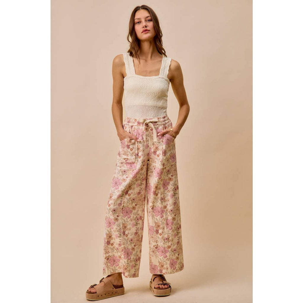 FLORAL COTTON TWILL ELASTICIZED WAIST WIDE PANTS: BLUSH PINK