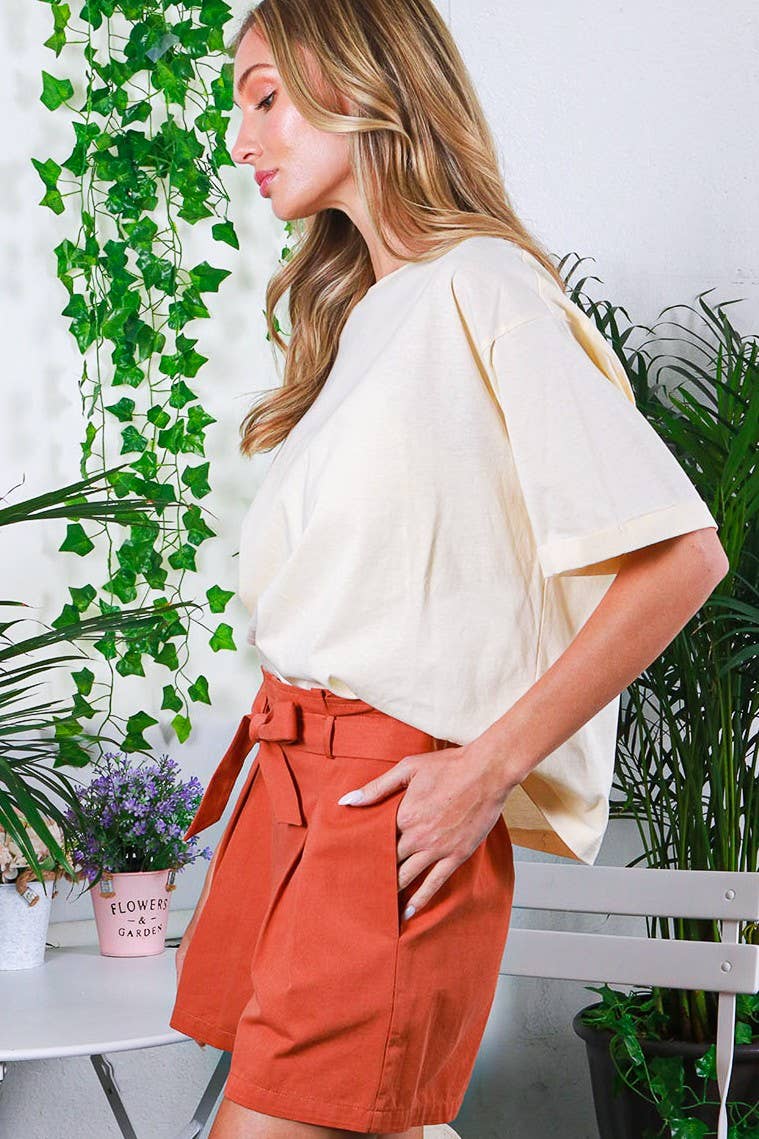 Crew Neck Roll-Up Sleeve 100% Cotton Knit Top: OFF WHITE