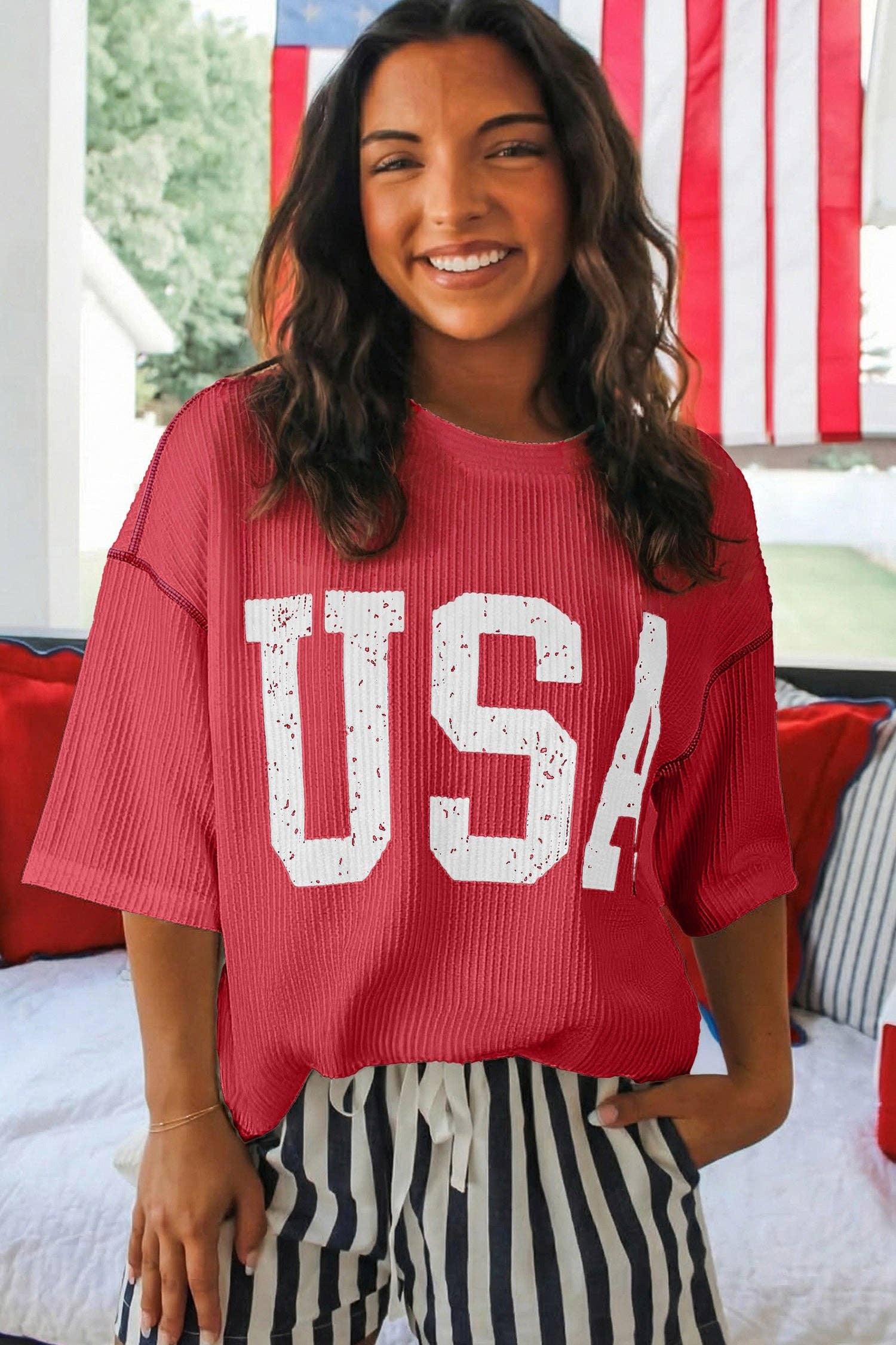 USA Graphic Half Sleeve Loose Ribbed Top: Fiery Red