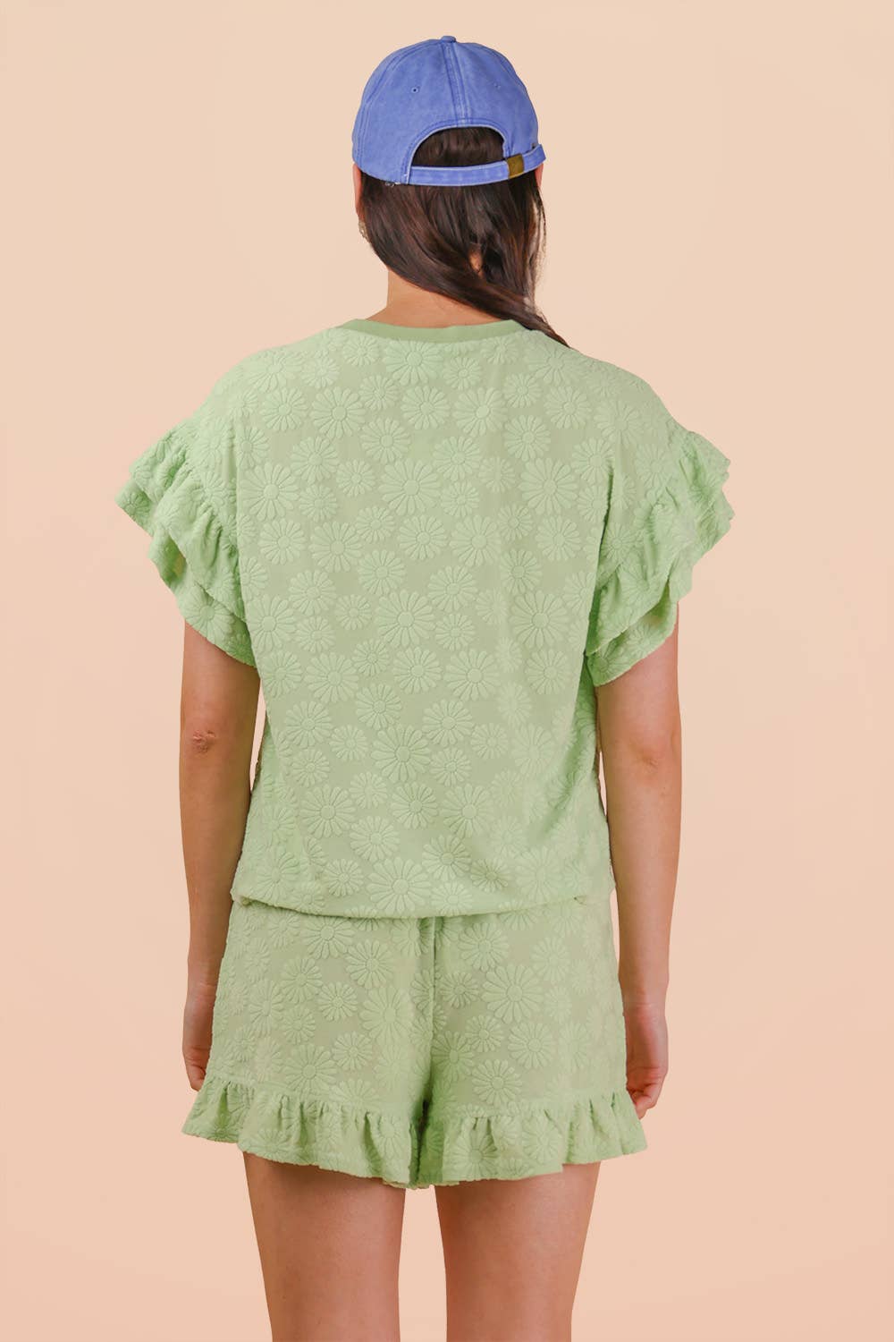 NEW IN — Floral Textured Ruffled Knit Top & Shorts Set: Sage