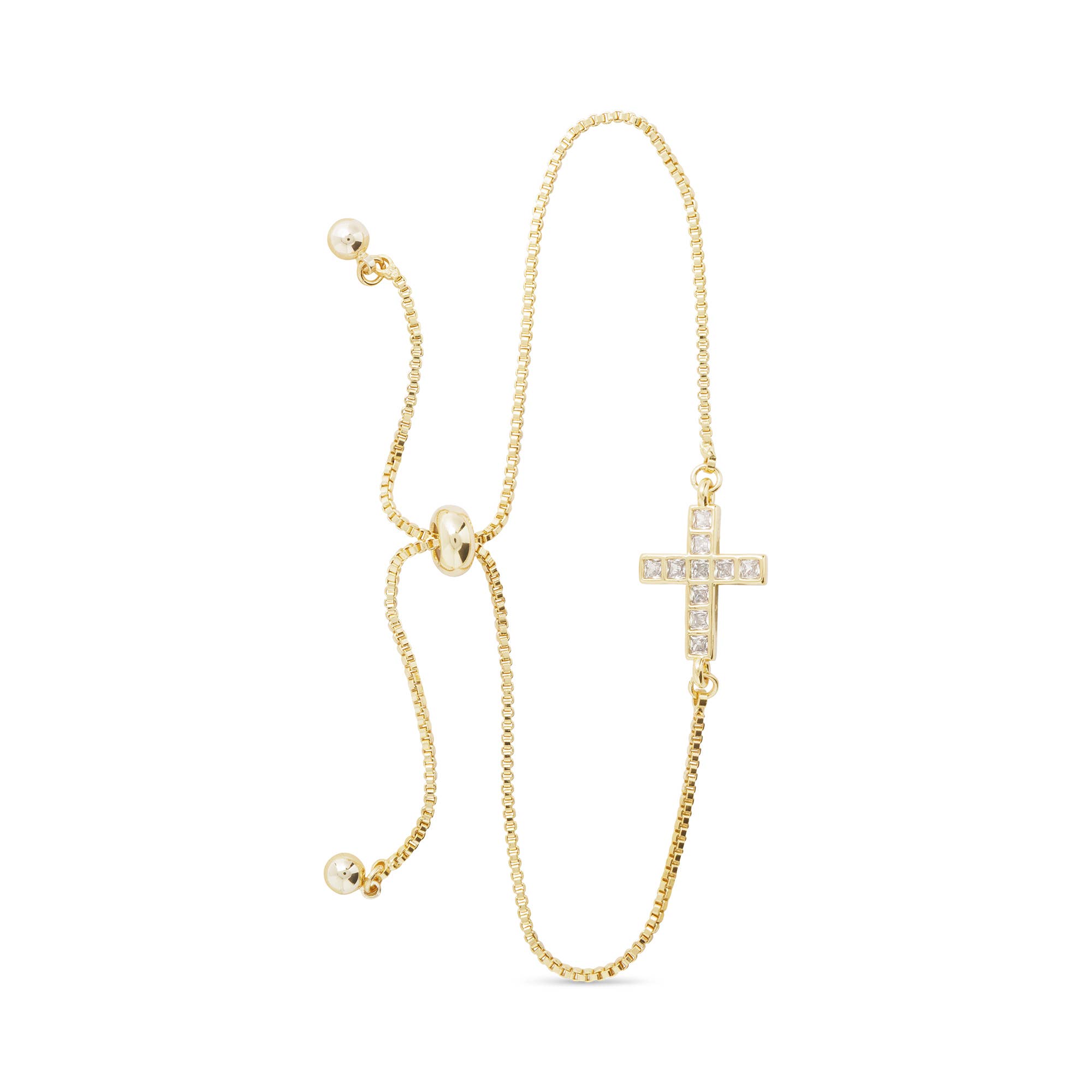 Gold CZ Framed Cross Pull Cord Bracelet