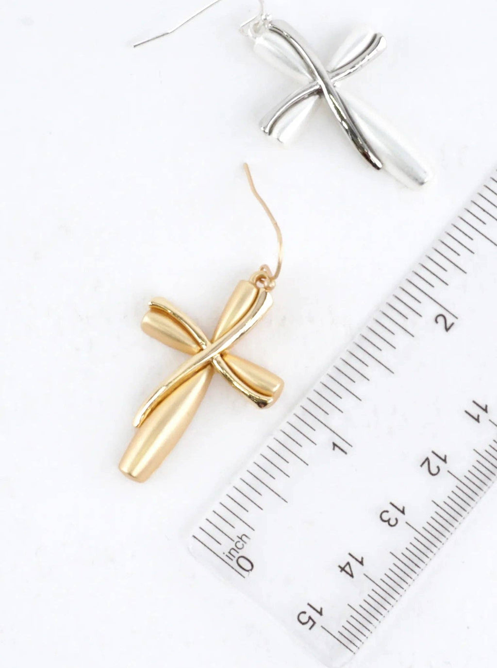 Twisted Ribbon 2 Tone Cross Drop Earrings: Matte Gold Gold