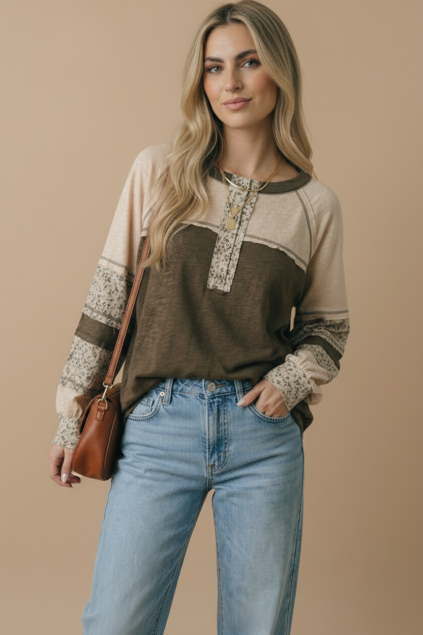 Round Neck Floral Color Block Cotton Slub Top: OLIVE