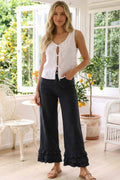 Flared Ruffle Hem Cropped Cotton Pants: Black