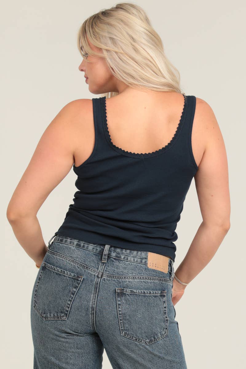 COTTON RIB KNIT LACE TRIM CINCH BUST TANK TOP
