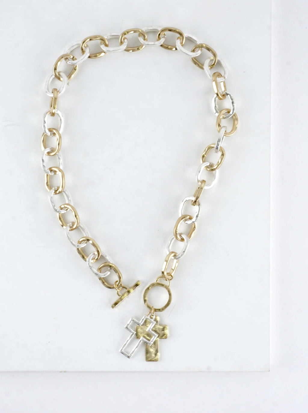Chunky Hammered Two Cross Toggle Pendant Necklace: Worn Gold Silver