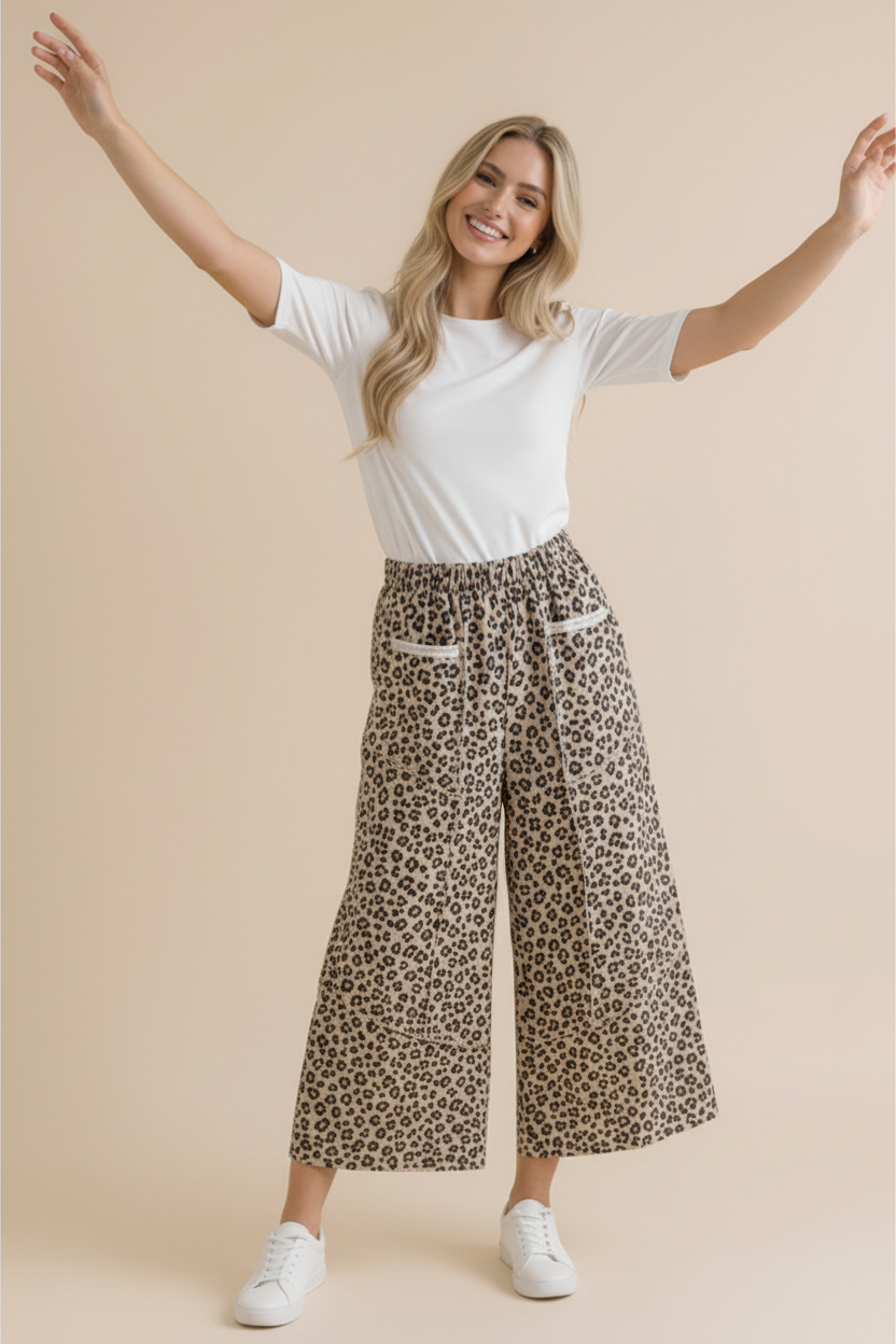 Leopard French Terry Wide Leg Pocket Pants: GREY