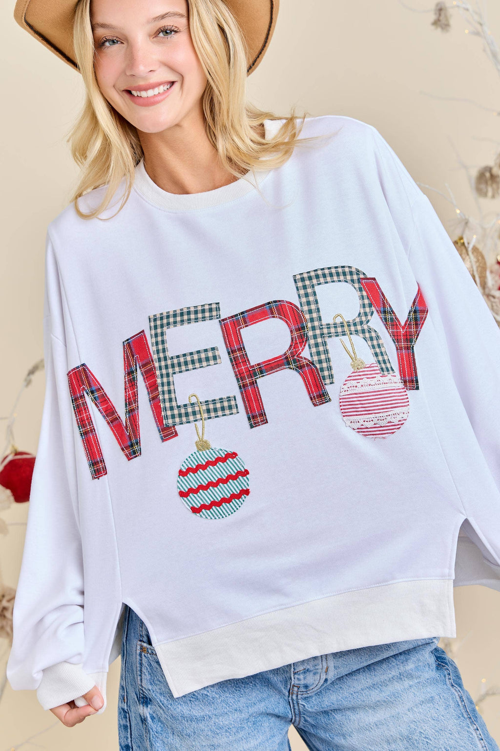 Merry With Ornament Patchwork Oversized Long Sleeve Top