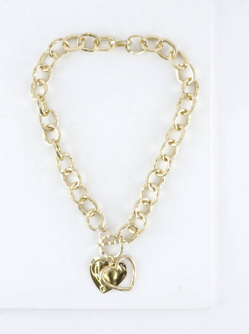 Chunky Hammered Chain Two Hearts Toggle Necklace: Worn Gold Gold