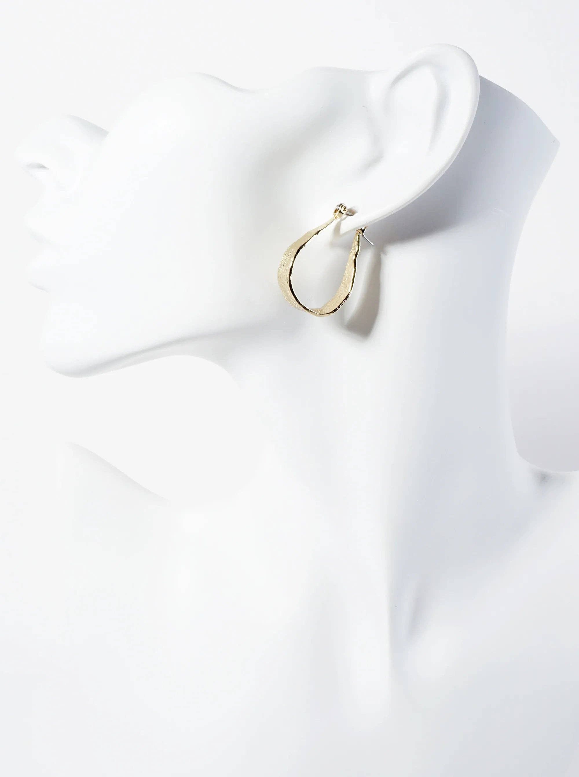 28mm 14K-Gold-Dipped Shimmer-Texture Tapered Teardrop Latch-Back Hoop Earrings: Gold