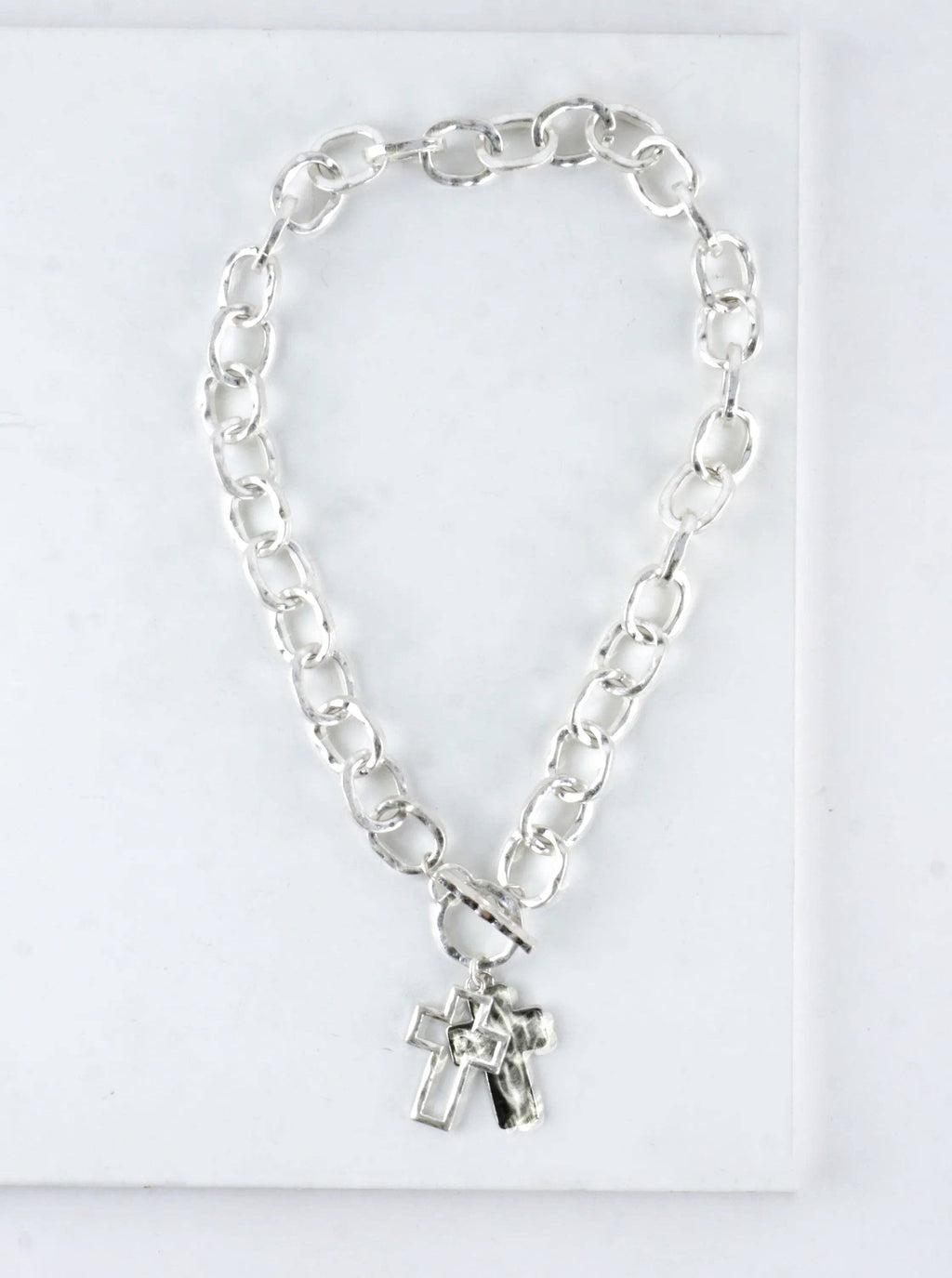 Chunky Hammered Two Cross Toggle Pendant Necklace: Worn Gold Silver
