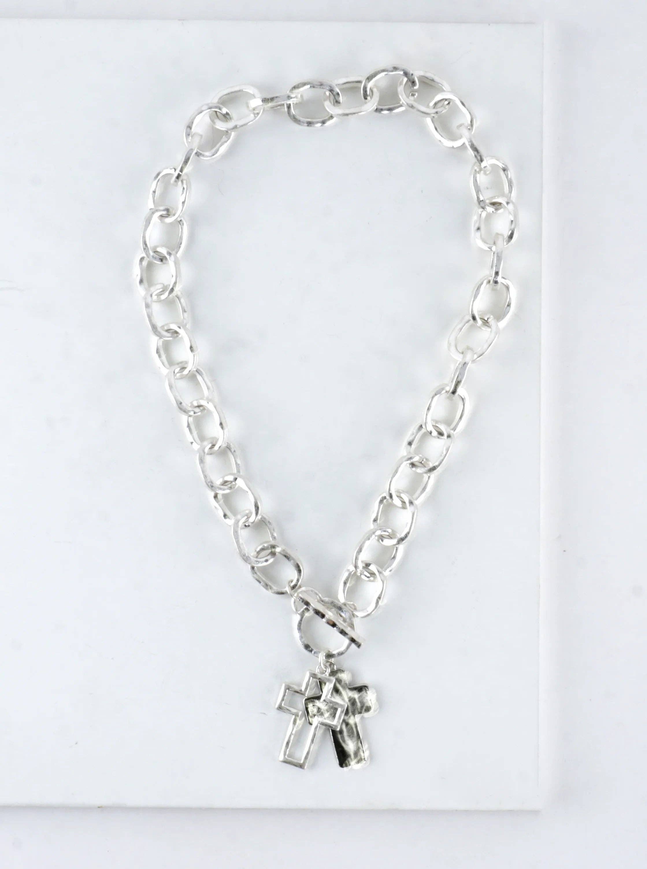 Chunky Hammered Two Cross Toggle Pendant Necklace: Worn Silver Rhodium