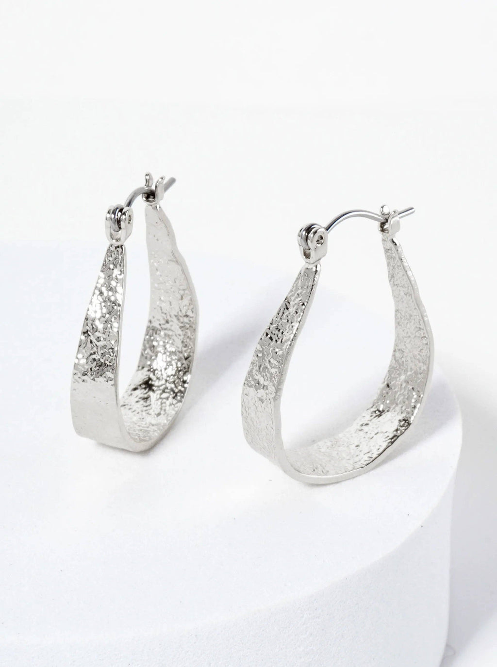 28mm 14K-Gold-Dipped Shimmer-Texture Tapered Teardrop Latch-Back Hoop Earrings: Rhodium