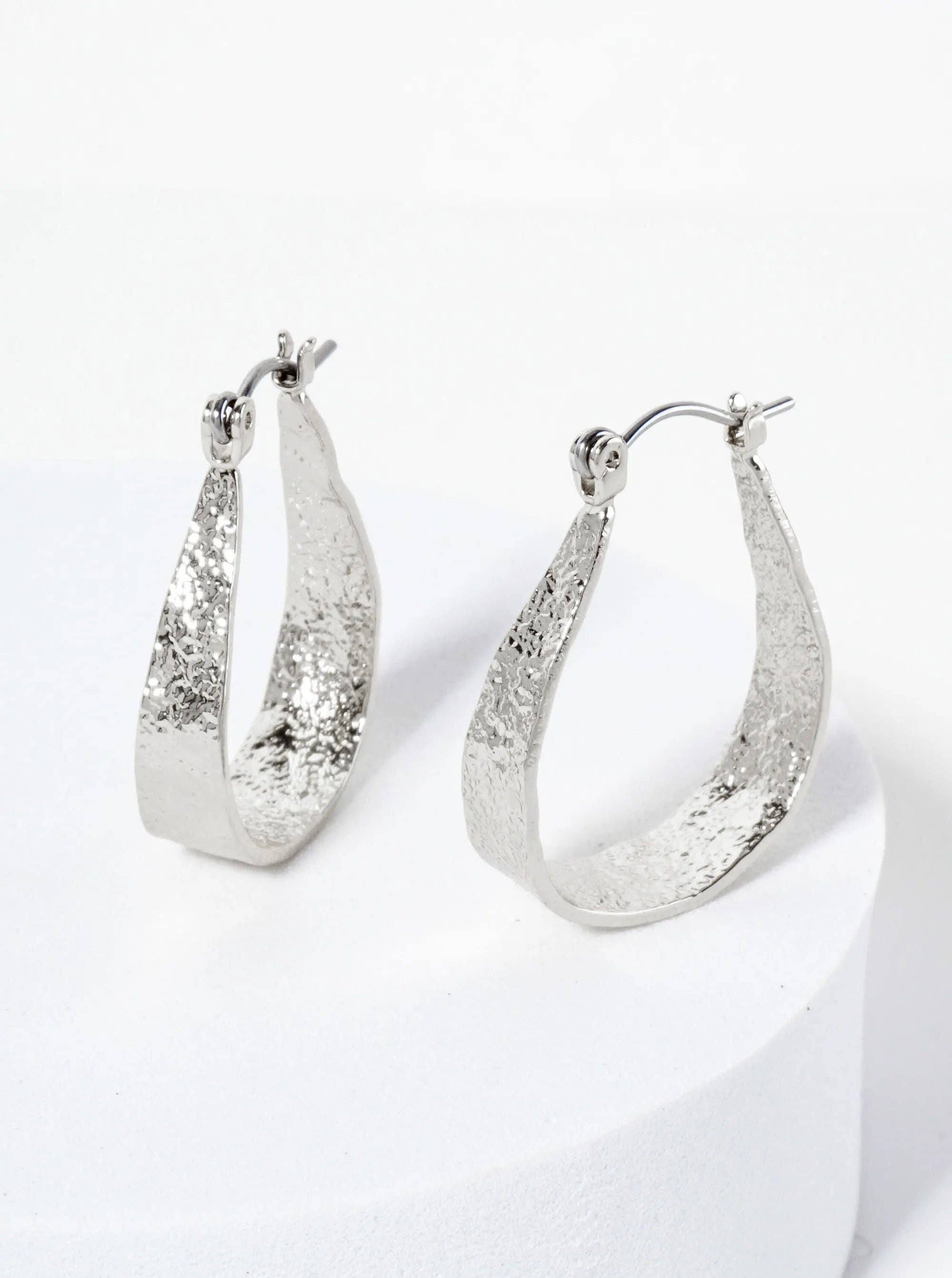 28mm 14K-Gold-Dipped Shimmer-Texture Tapered Teardrop Latch-Back Hoop Earrings: Rhodium