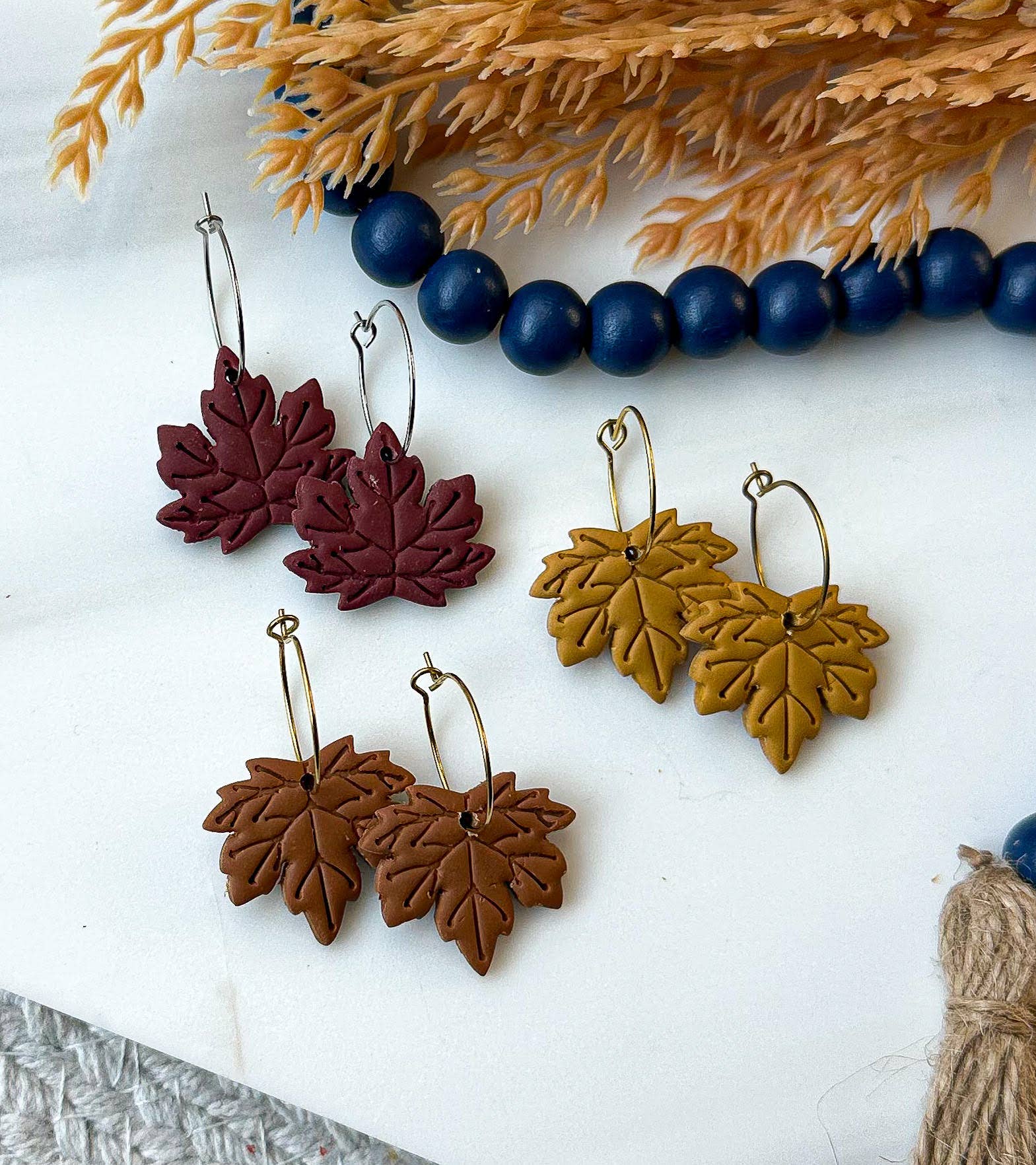 Polymer Clay Earrings - Fall - Leaf: Mustard / Stainless Steel Hoop