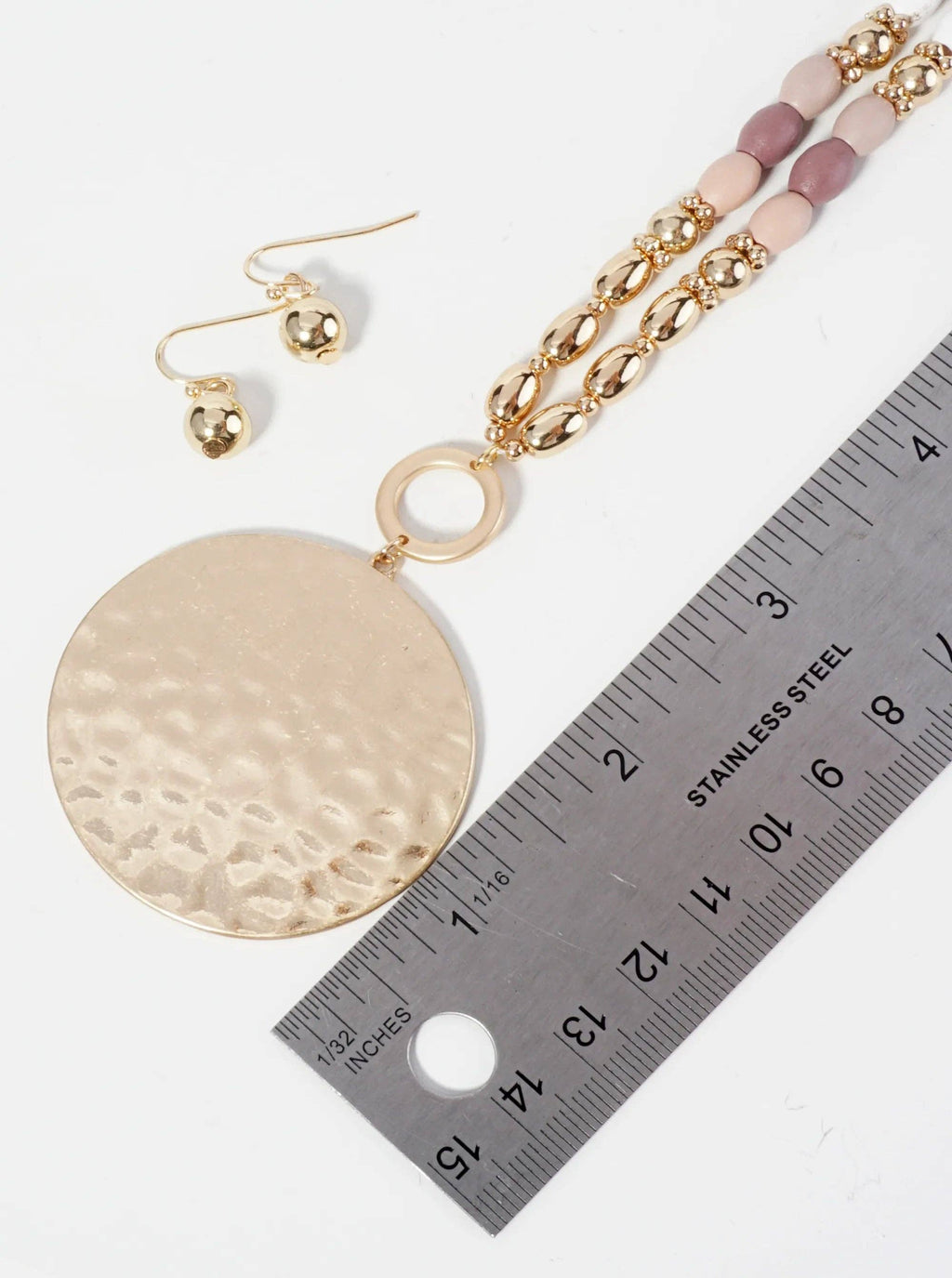Hammered Circle Pendant Wood Beaded Chain Long Necklace Set With Earrings: Light Multi