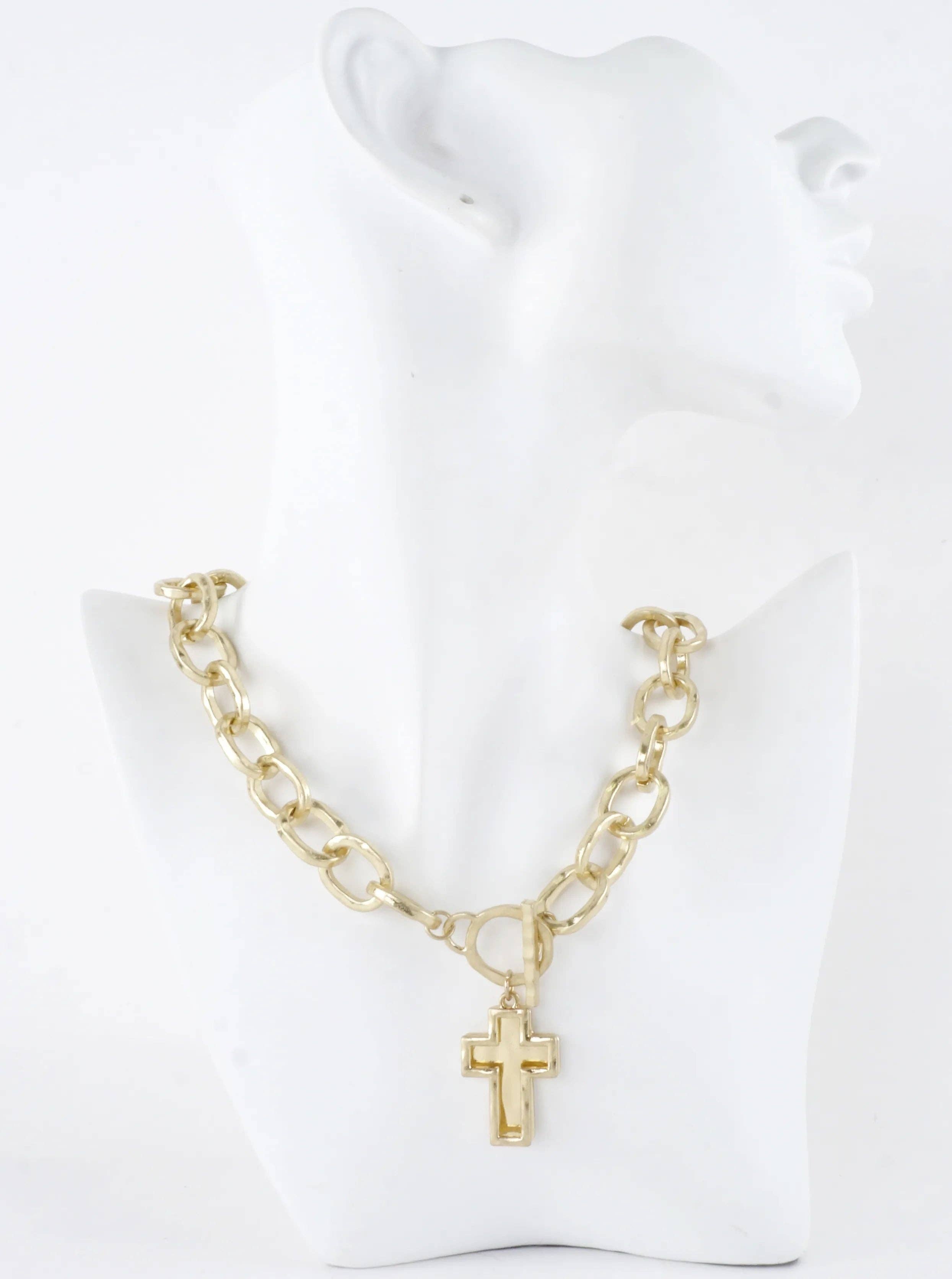 Chunky Hammered Two Cross Toggle Pendant Necklace: Worn Gold Gold